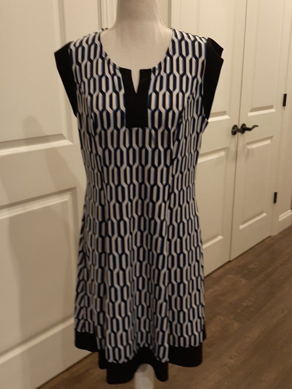 Kim Rogers Petite Geometric Print Shift Dress Blue Black White PM